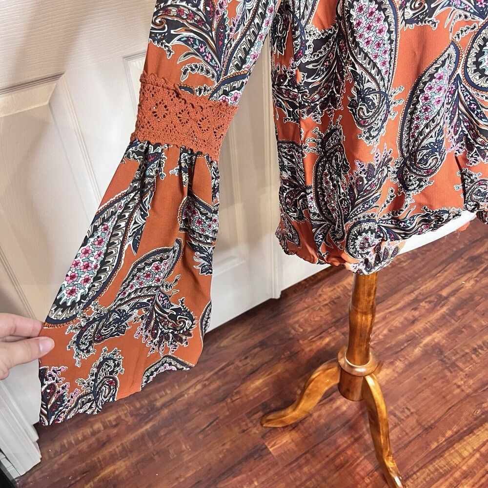 Promesa Women’s Paisley Rust Boho Bohemian‎ Peasant Top Medium Fairy - Picture 7 of 9
